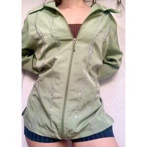 Blair Boutique Vintage 1990's Green & Silver Zip up Jacket w Shoulder Pads sz M